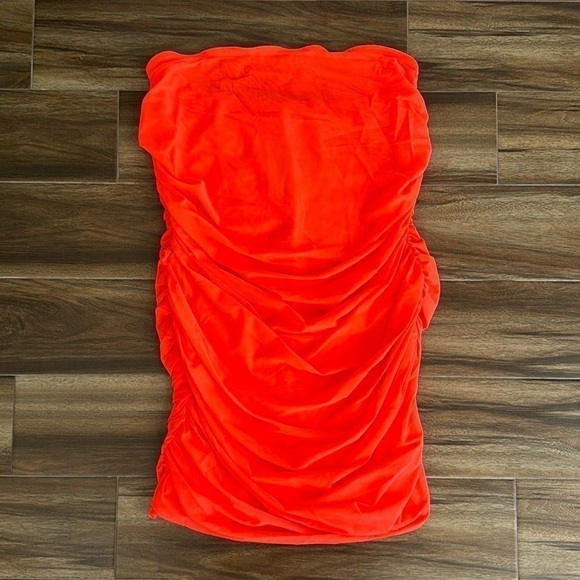 NWT By Anthropologie Strapless Ruched Mini Dress in Coral, 1X - Picture 2 of 10